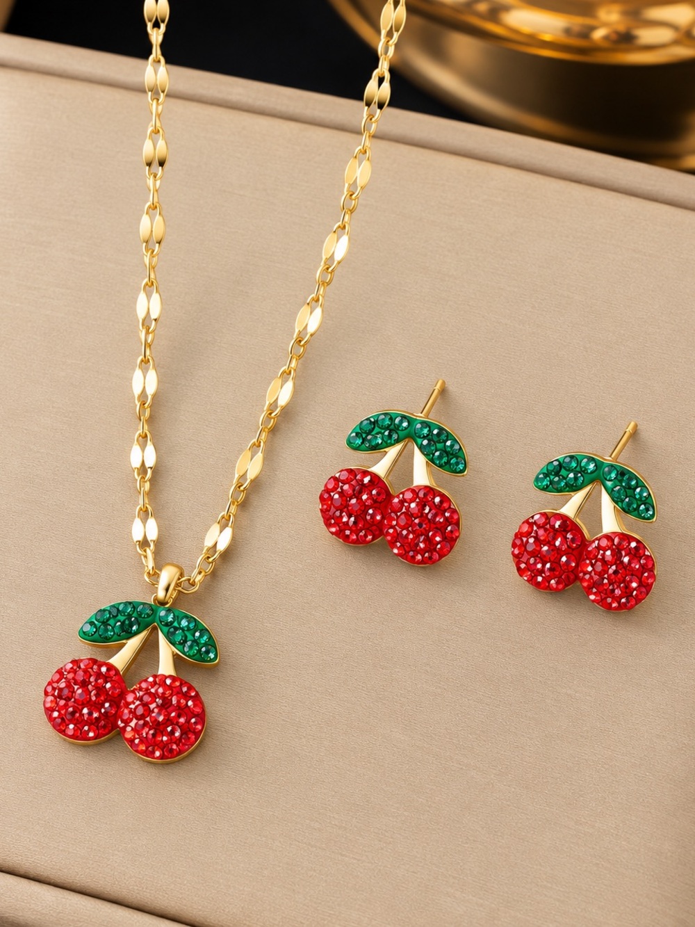 Gold-Tone Cherry Pendant Necklace and Stud Earrings - Red & Green